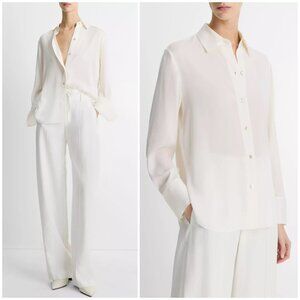 VINCE Stretch-Silk Button-Front Blouse Button-up Minimalist Off-White size L